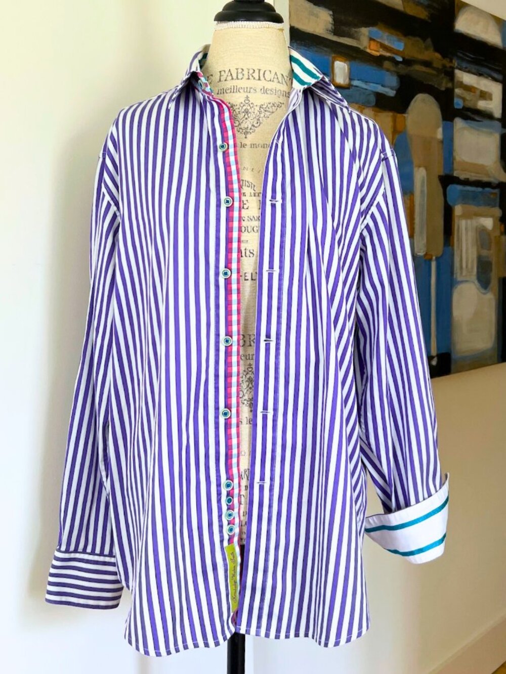 Robert Graham Knowledge Purple Green White Striped Flip Cuff Shirt Men's L